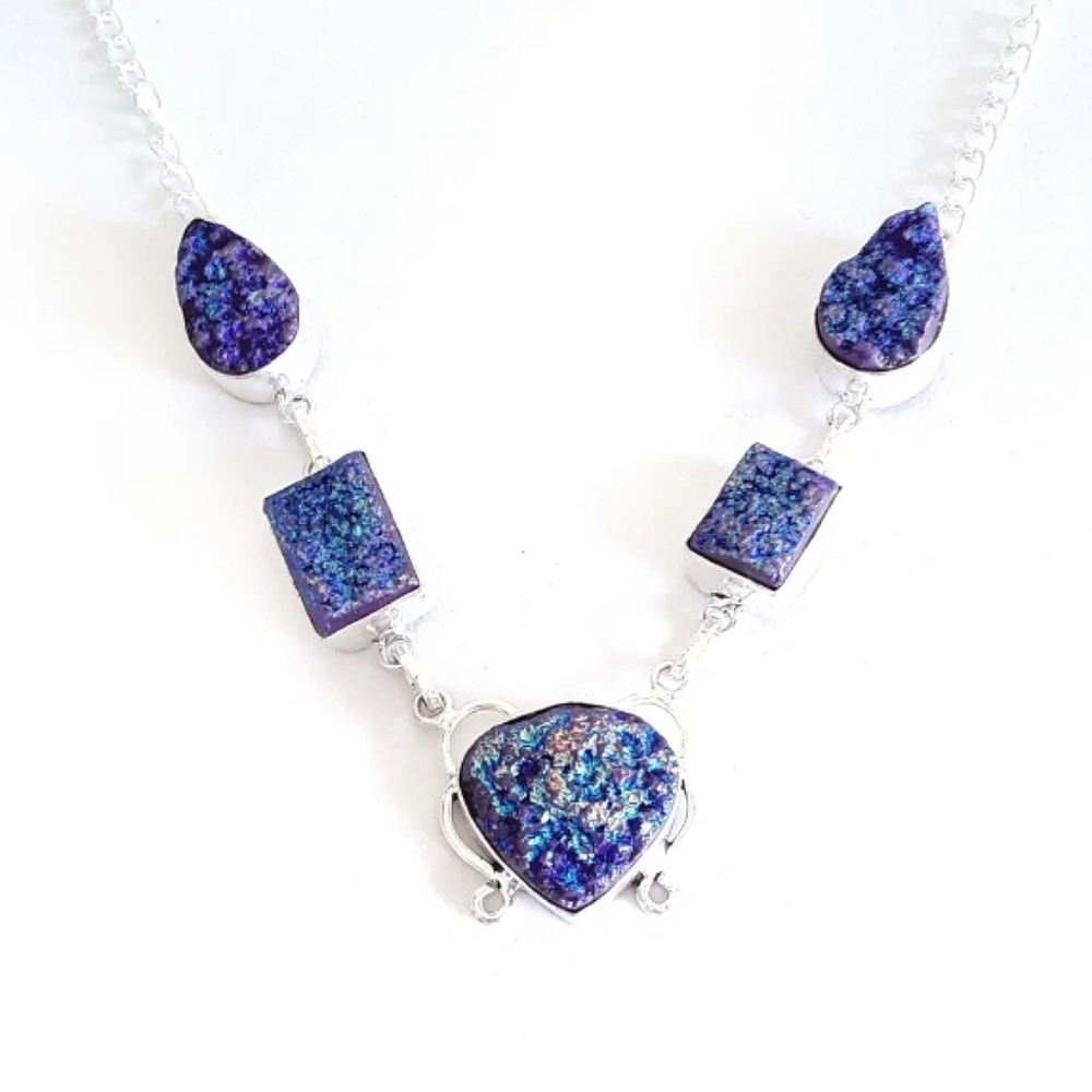 Sterling silver blue purple titaniu druzy necklace - Picture 1 of 6